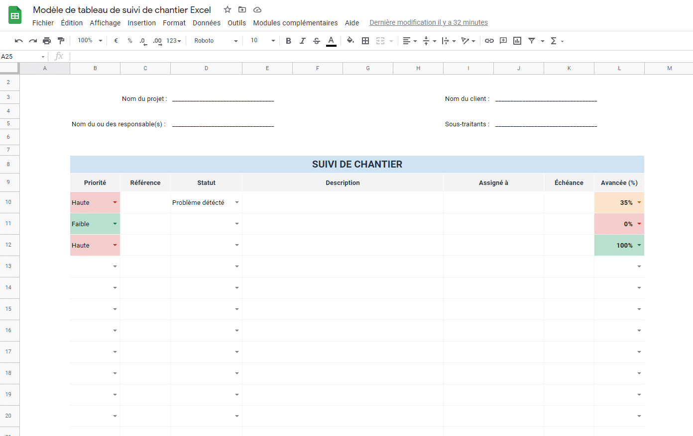 Modèle Tableau De Suivi De Chantier Excel (Gratuit)