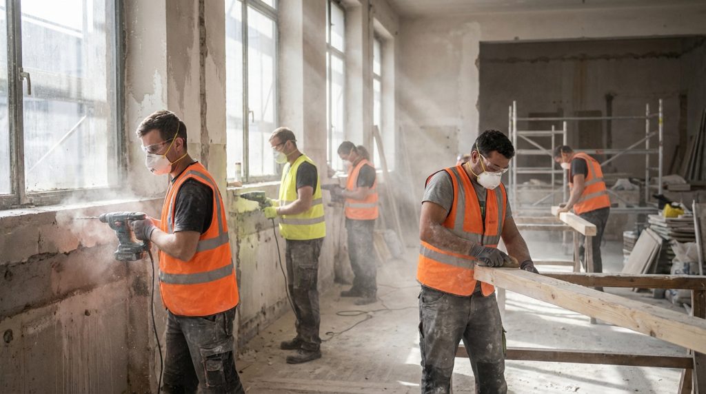 Ouvriers masqués et équipés en gilets fluo, percevant et ponçant dans un chantier poussiéreux. Mesures contre la poussière.