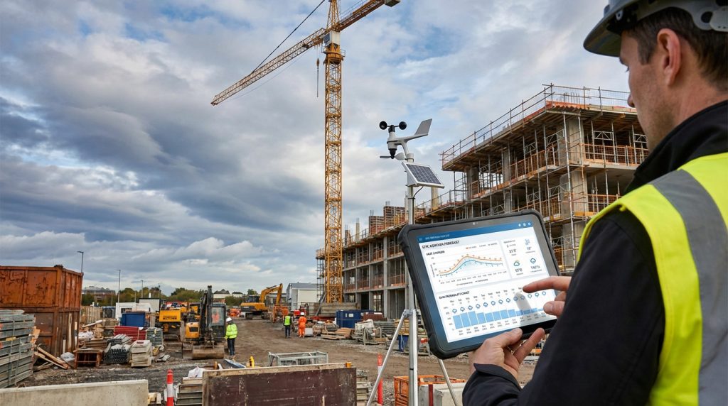 Ouvrier sur chantier consulte une tablette affichant la météo, près d'une station météo solaire. Un chantier avec grue en arrière-plan.