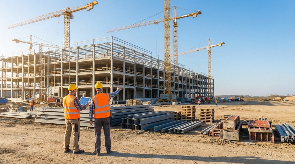 Deux ouvriers en gilet orange et casque jaune examinent des plans sur tablette sur un grand chantier avec des grues.