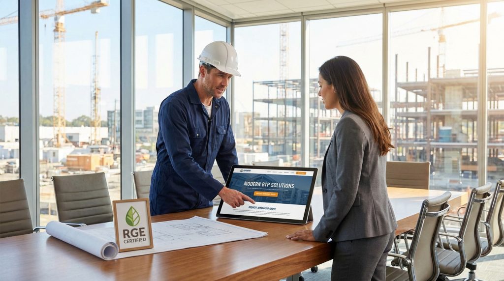 Homme en casque et femme en costume discutant un site web "Modern BTP Solutions", fond de chantier.