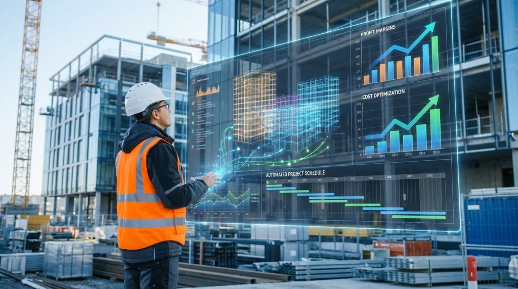 Ouvrier sur chantier gérant un projet via une interface holographique. Elle montre profits, coûts, planning et modèles 3D de bâtiments.