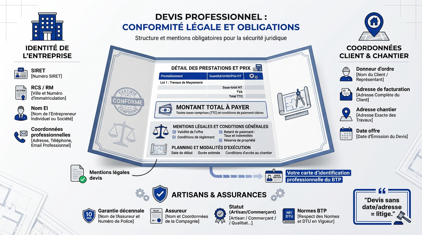 Exemple de devis professionnel conforme avec mentions légales obligatoires pour le BTP