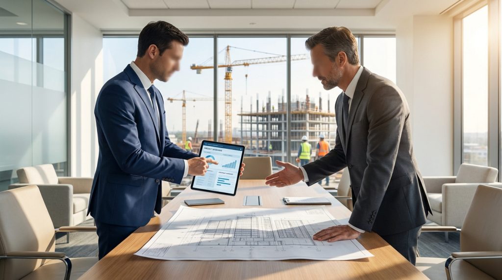 Deux hommes en costume analysent des plans et des données sur tablette, avec un chantier de construction en arrière-plan.