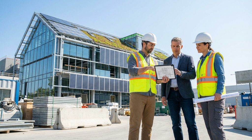 Trois professionnels BTP devant un bâtiment moderne avec panneaux solaires et toit végétalisé, discutant des plans sur une tablette.