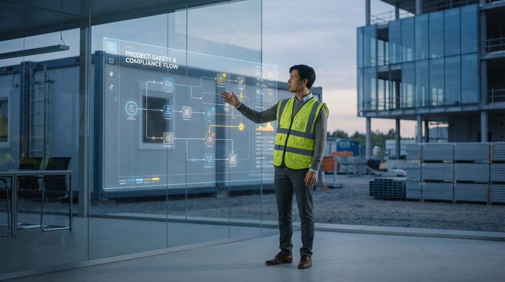 Un homme en gilet fluo présente un diagramme numérique de flux de sécurité et conformité projet sur une paroi vitrée d'un chantier moderne.