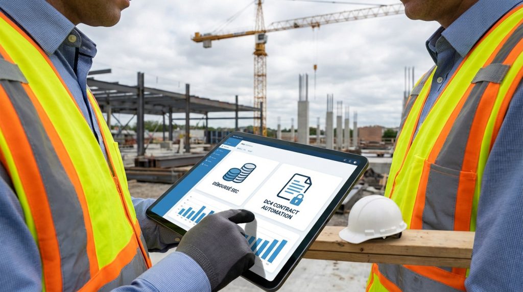 Deux professionnels du BTP en gilet fluo consultent sur tablette un logiciel de gestion de chantier et sous-traitance.