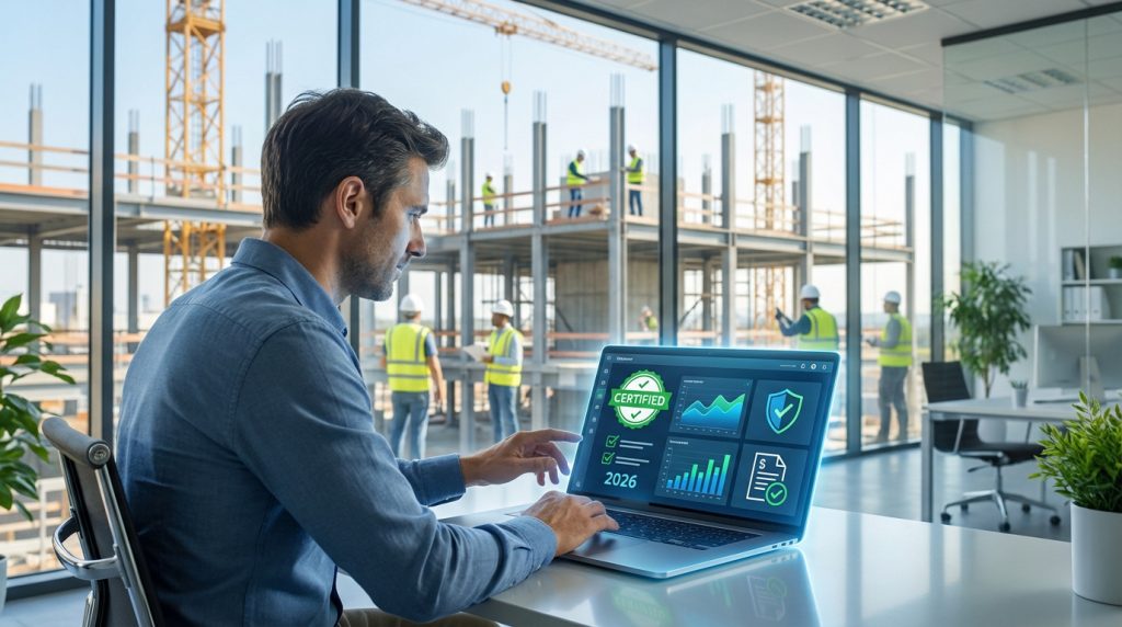 Homme en bureau devant un ordinateur portable affichant un tableau de bord certifié. Un chantier de construction est visible à l'arrière-plan.