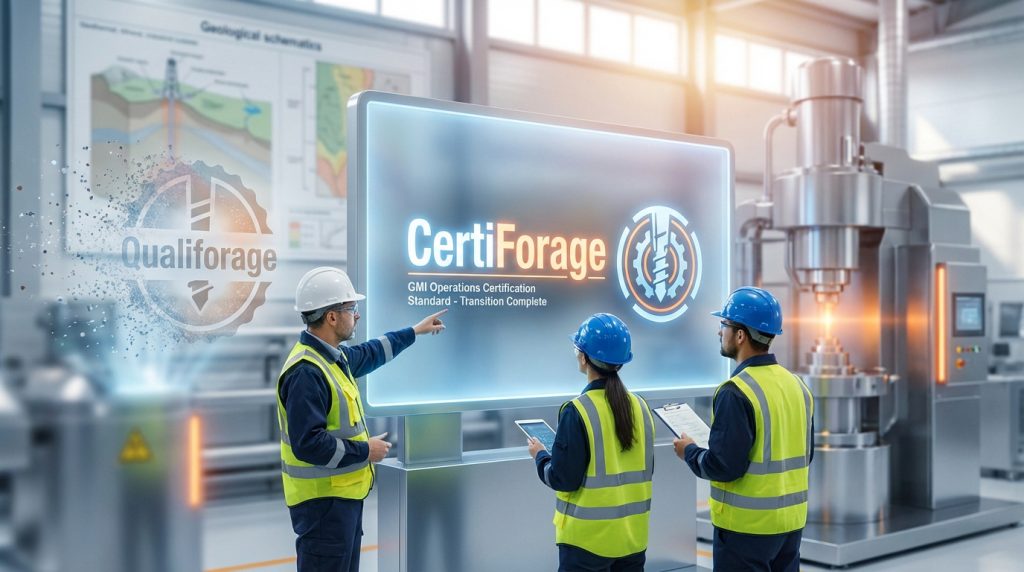Trois professionnels en EPI regardent un écran "CertiForage". Le logo "Qualiforage" disparaît, marquant la transition de certification.