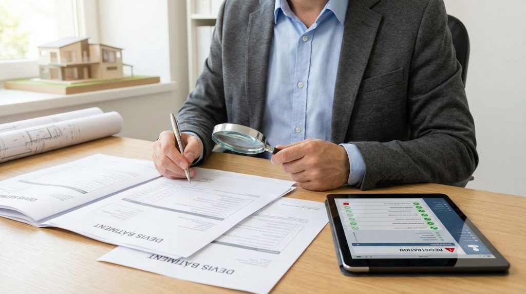Un homme analyse des devis de construction avec une loupe et un stylo, cherchant des fraudes. Une tablette et une maquette de maison sur le bureau.