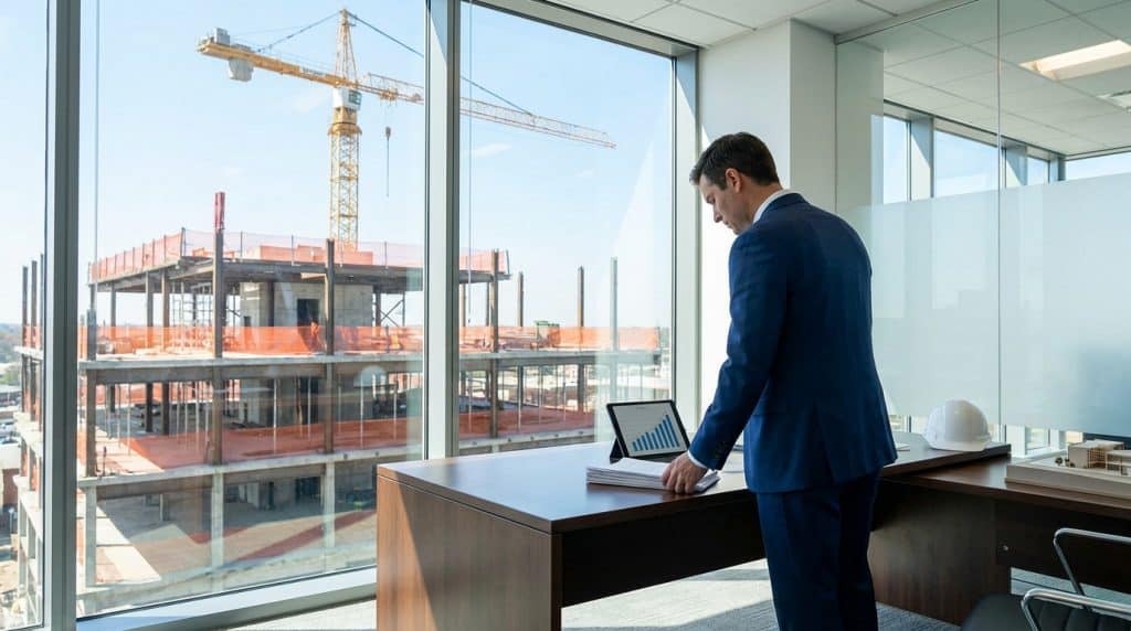 Un homme d'affaires en costume consulte des graphiques devant un chantier de construction en cours.