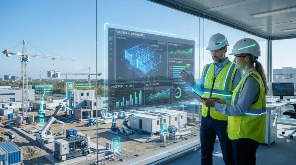 Deux ingénieurs en tenue de sécurité analysent un tableau de bord numérique sur un chantier de construction.