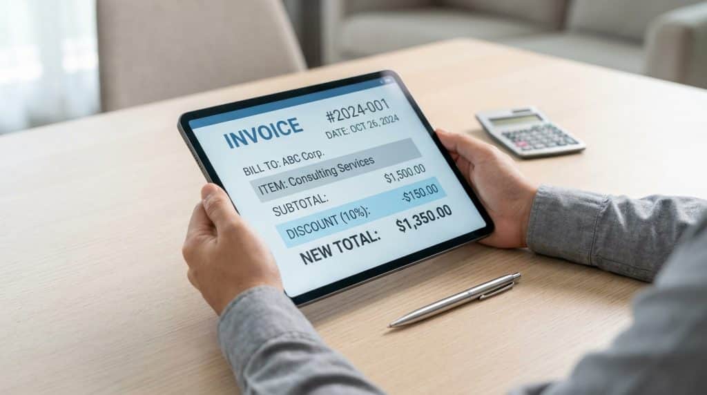 Mains tenant une tablette affichant une facture numérique avec un calcul de remise de 10 %.
