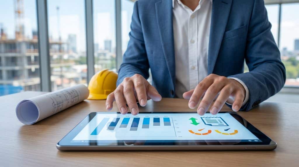 Un professionnel en costume utilisant une tablette affichant des graphiques de gestion devant un chantier en construction.
