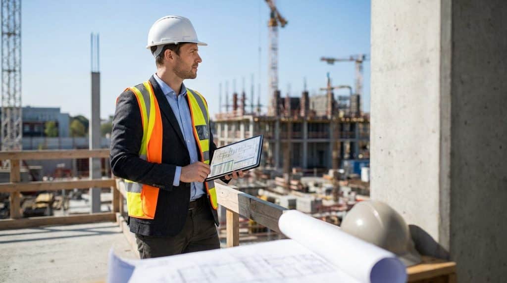 Un ingénieur en BTP avec casque et gilet de sécurité consulte une tablette sur un chantier en construction.