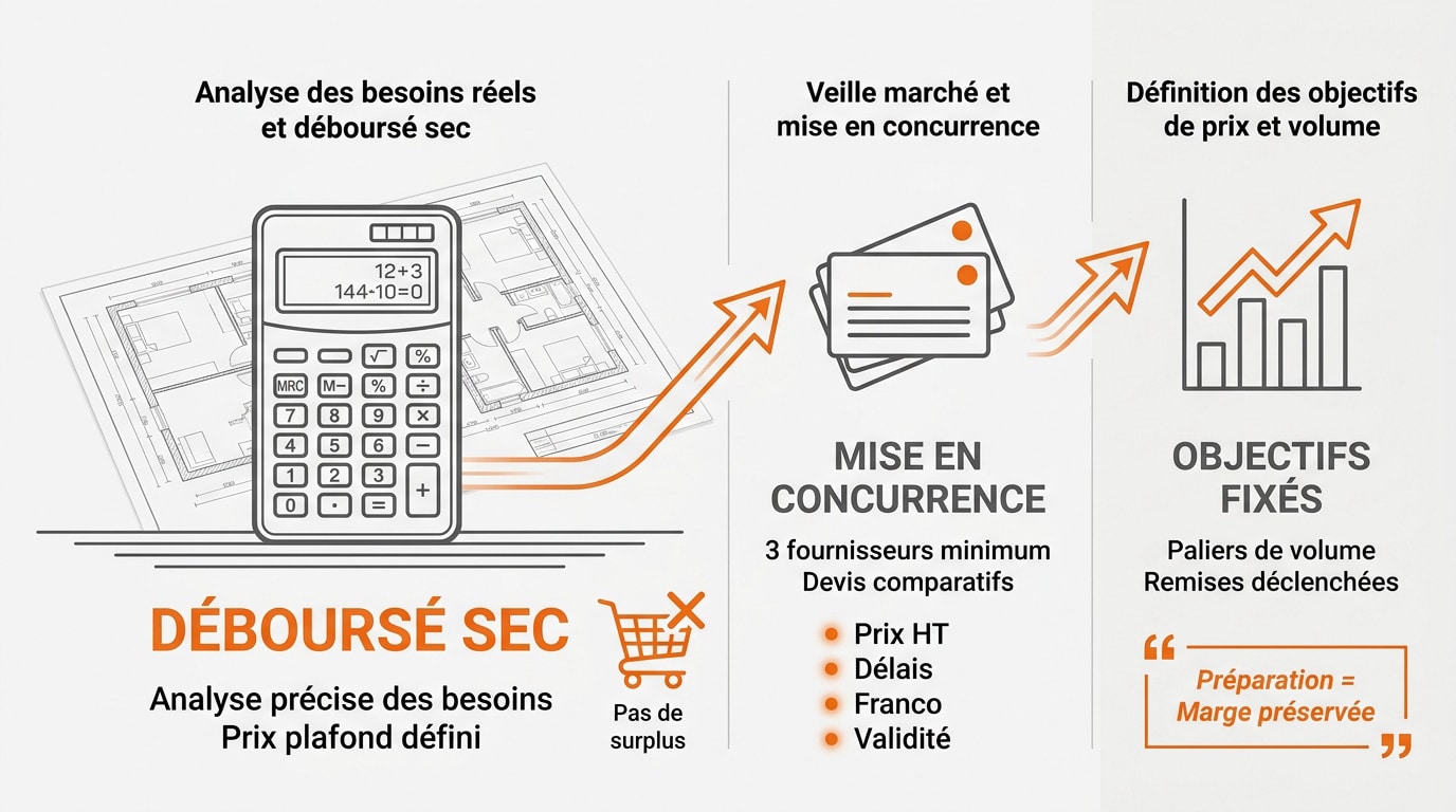 Infographie présentant les étapes clés de la préparation d'une négociation avec des fournisseurs du bâtiment
