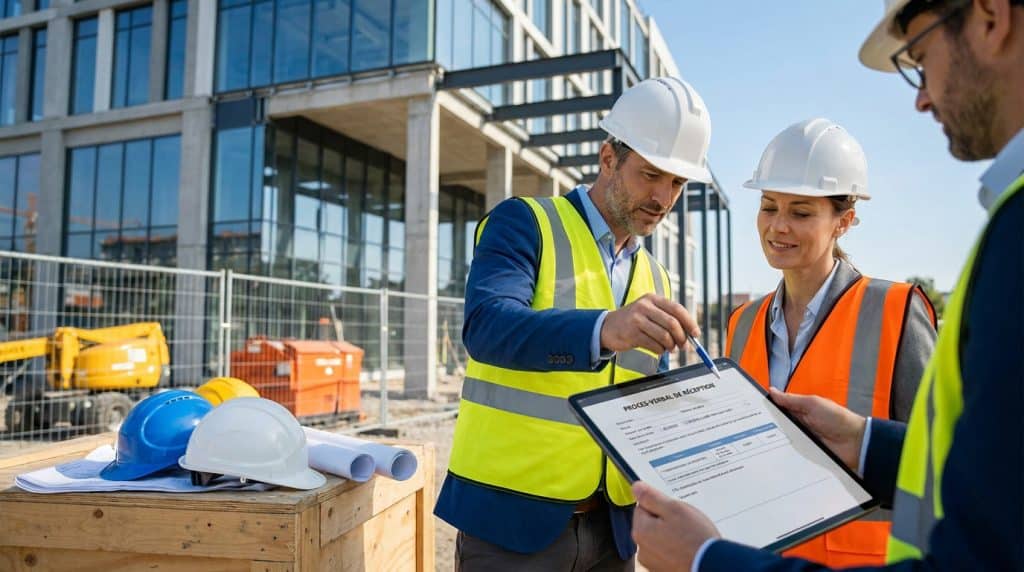 Professionnels du bâtiment examinant un procès-verbal de réception sur une tablette numérique devant un chantier.