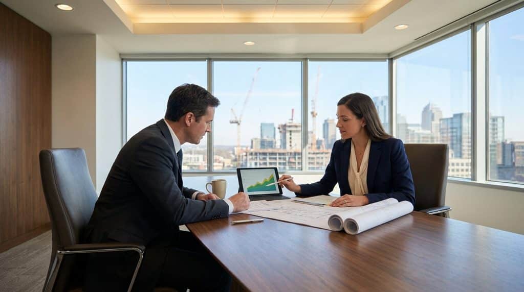Un homme et une femme en tenue d'affaires discutent de graphiques et de plans de construction dans un bureau.