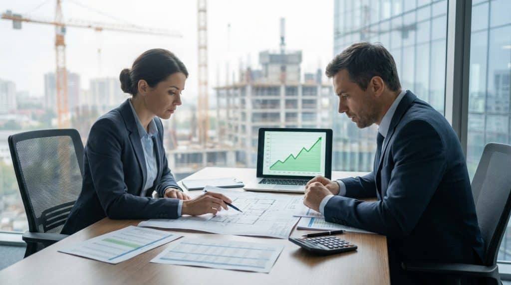 Deux professionnels en costume étudiant des plans et un graphique de croissance devant un chantier de construction.