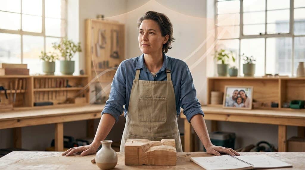 Une femme artisan dans son atelier avec un bouclier graphique suggérant une protection pour son activité.
