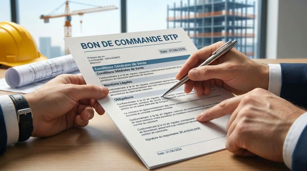 Un professionnel signe un bon de commande BTP avec un casque de chantier et des plans en arrière-plan.