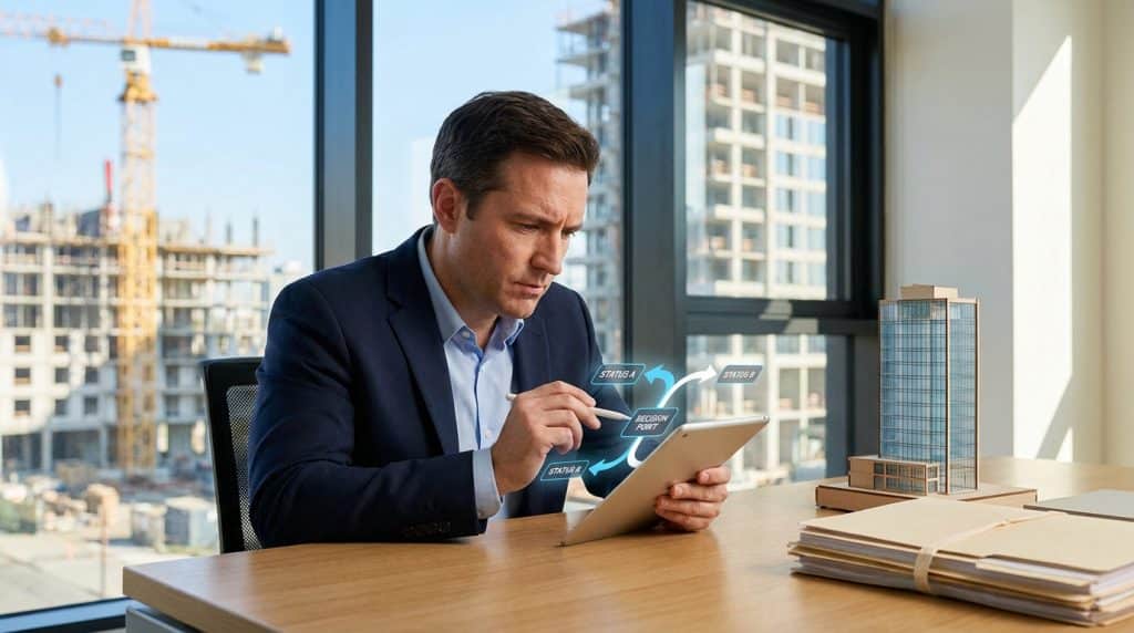 Un professionnel en costume utilisant une tablette avec des icônes holographiques devant un chantier en construction.