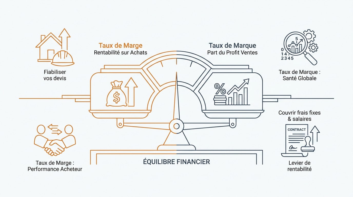 Schéma de l'équilibre financier entre le taux de marge et le taux de marque dans le BTP