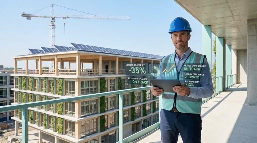 Un ingénieur sur un chantier de construction moderne consulte une tablette avec des données numériques sur la RE2020.