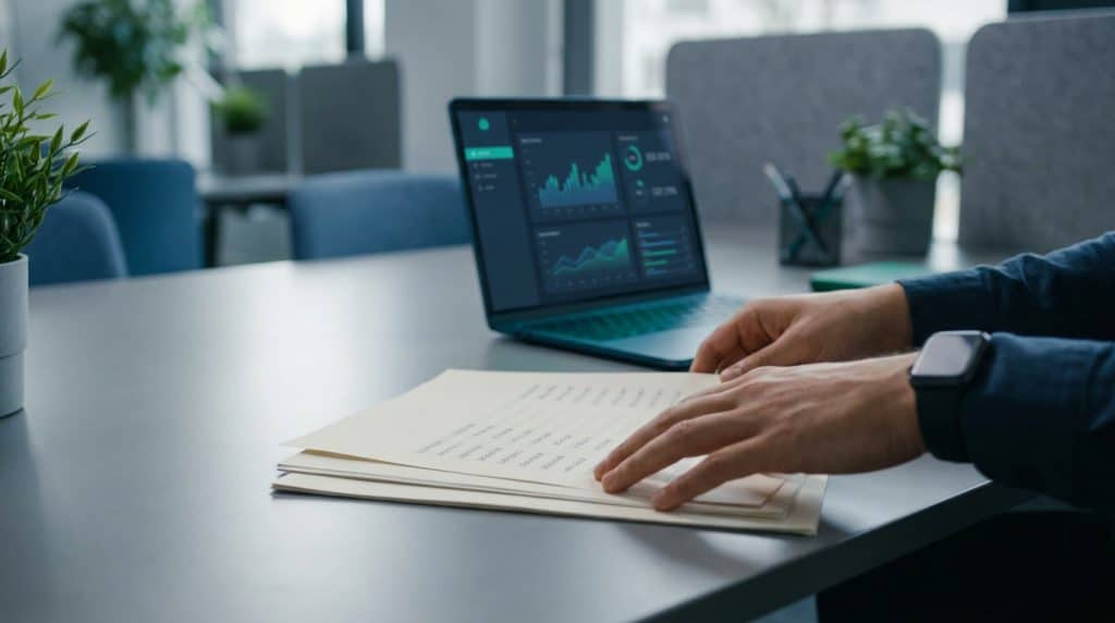 Mains d'un employé travaillant sur des documents financiers et un ordinateur portable avec des graphiques.