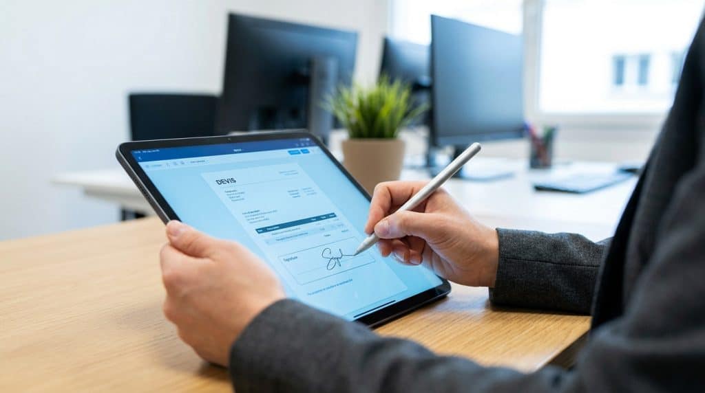Une personne signe un devis professionnel numérisé sur une tablette tactile avec un stylet dans un bureau.