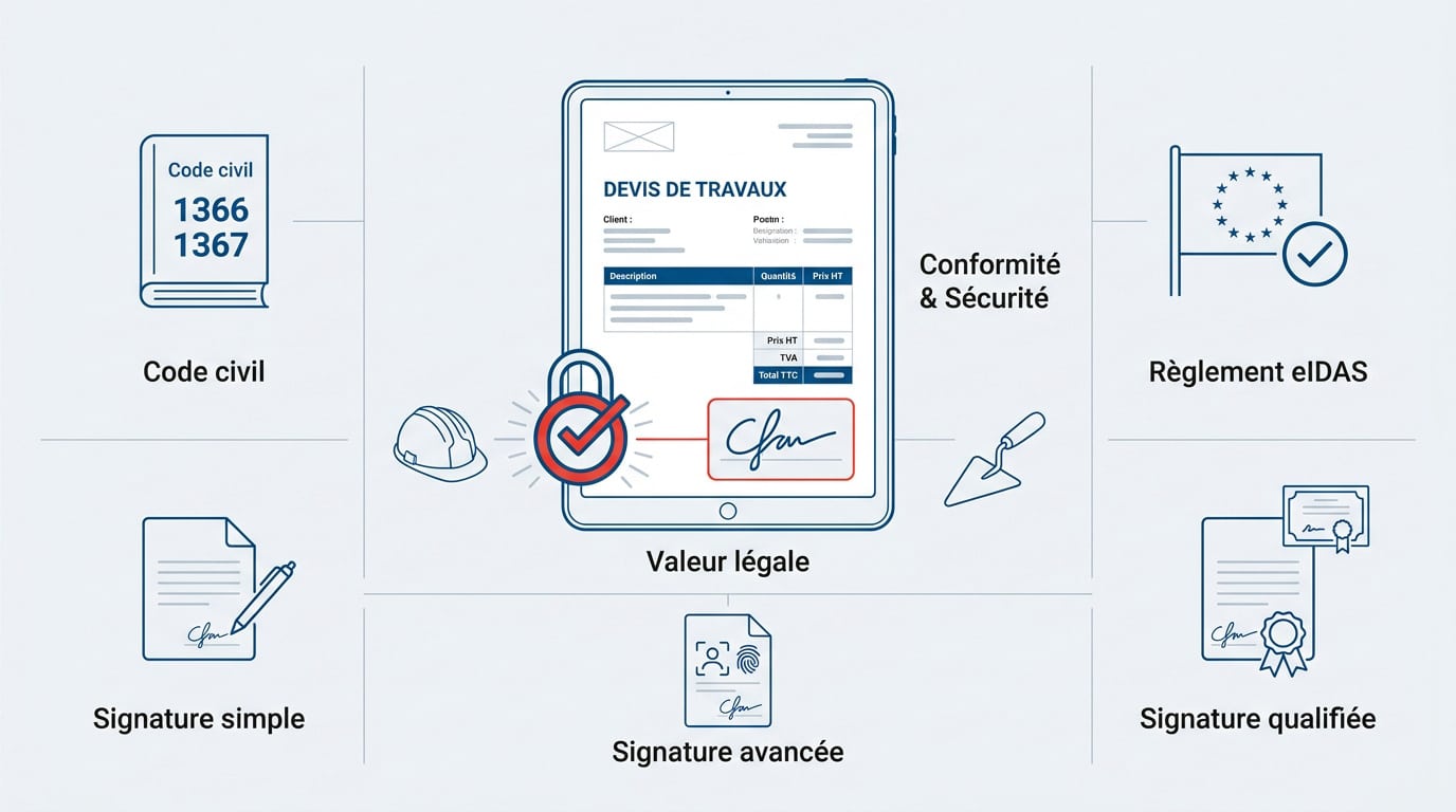 Artisan du bâtiment validant juridiquement un devis par signature électronique sur tablette